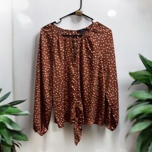 ECLAIR Polka Dot Brown Top Women's with front tie accent size m